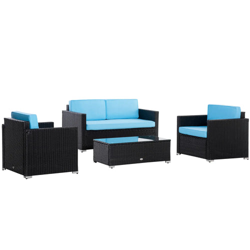 4-Piece Wicker Patio Set, Thick Cushions, PE Rattan Sofa, Glass Table, Sky Blue