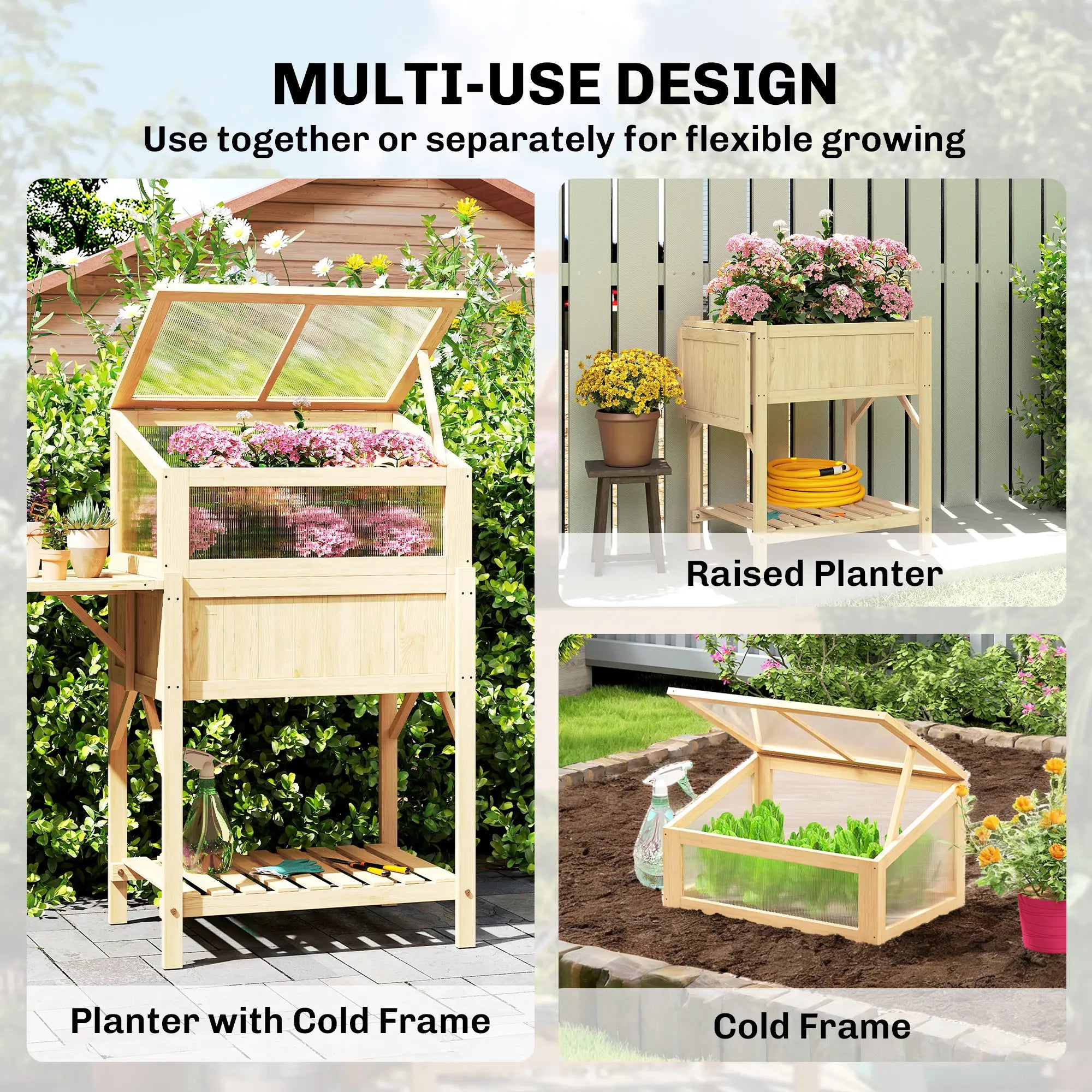 Raised Garden Bed Planter With Cold Frame, Wooden Elevated Planter Box With Folding Side Table And Shelf, Natural Wood Elevated Garden Beds at Gallery Canada