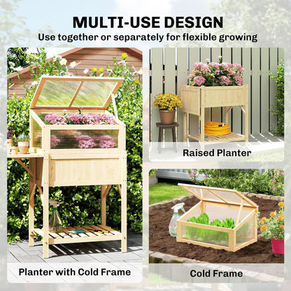 Raised Garden Bed Planter With Cold Frame, Wooden Elevated Planter Box With Folding Side Table And Shelf, Natural Wood Elevated Garden Beds at Gallery Canada