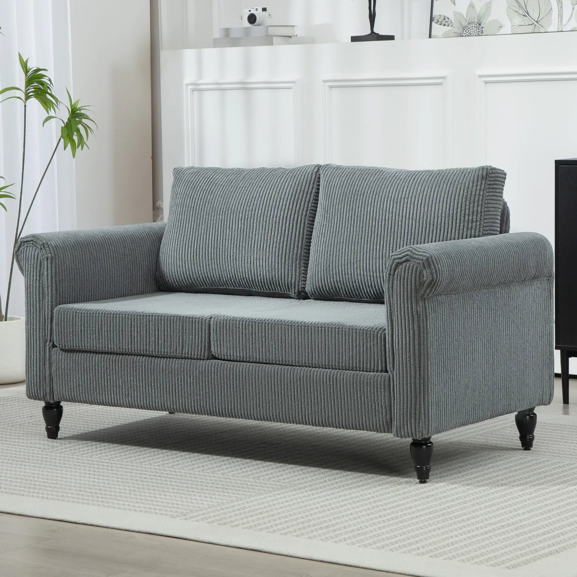 Vintage Loveseat, Fabric 2 Seater Sofa, Rolled Arms, Rubber Wood Legs, Grey 2-Seater Sofas at Gallery Canada