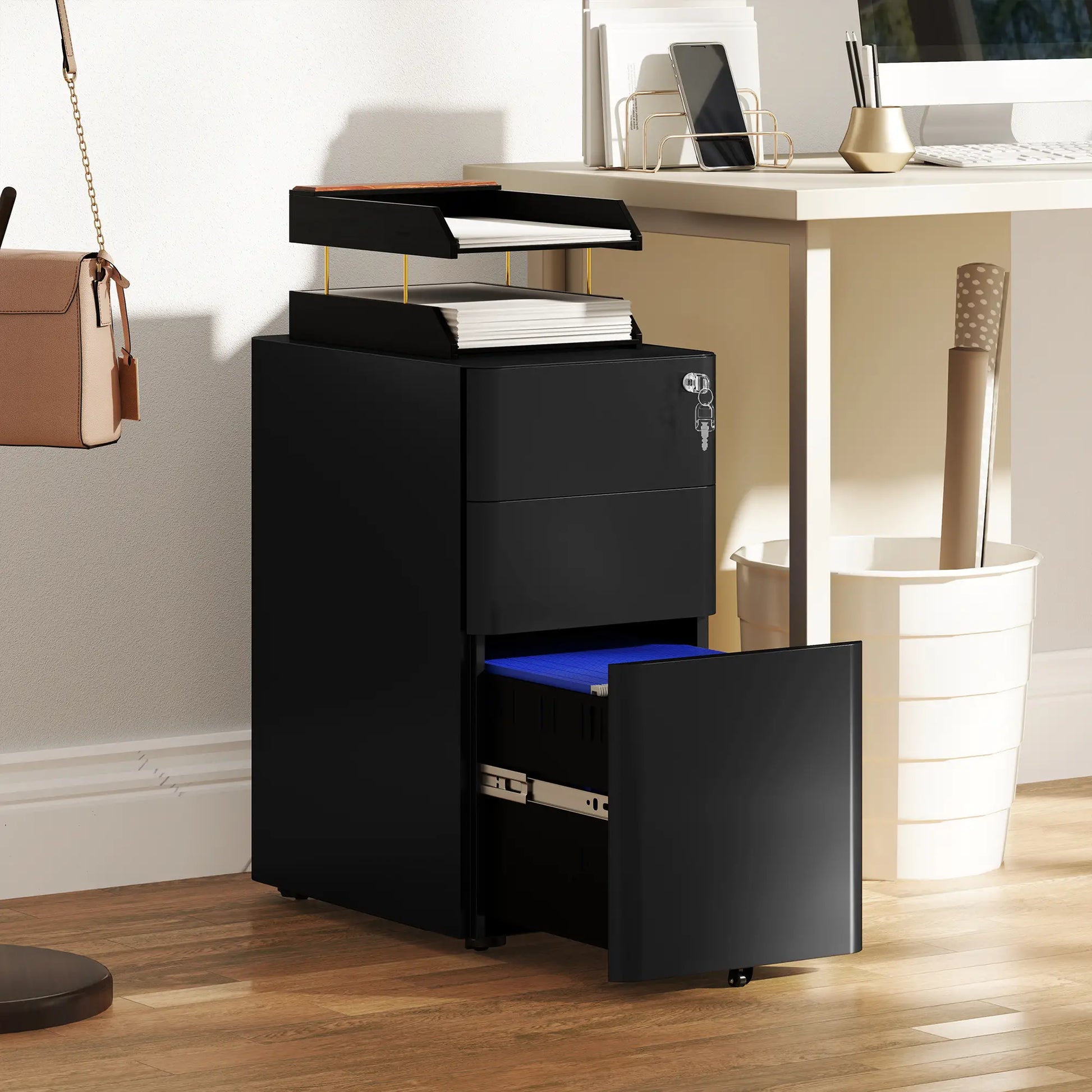 3 Drawer Filing Cabinet, Lockable Steel Office Storage, Black Office Cabinets & Cupboards at Gallery Canada