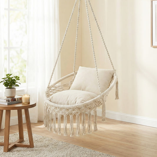 Macrame Swing Chair With 2 Removable Cushions, Beige Porch Swings Beige at Gallery Canada
