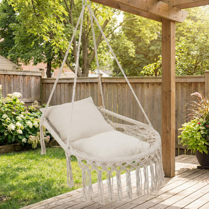 Macrame Swing Chair With 2 Removable Cushions, Beige Porch Swings at Gallery Canada