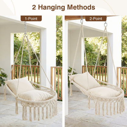 Macrame Swing Chair With 2 Removable Cushions, Beige Porch Swings at Gallery Canada