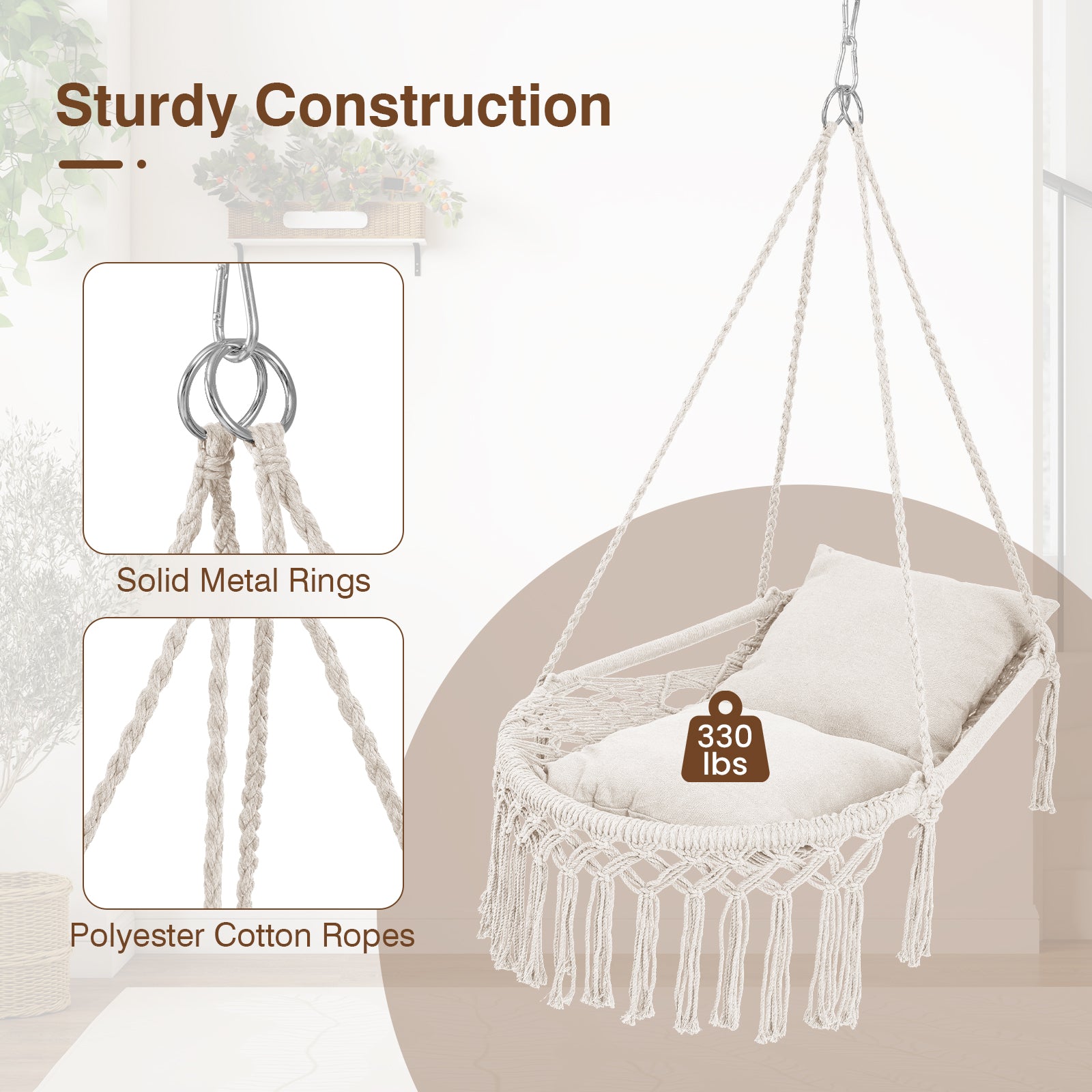 Macrame Swing Chair With 2 Removable Cushions, Beige Porch Swings at Gallery Canada