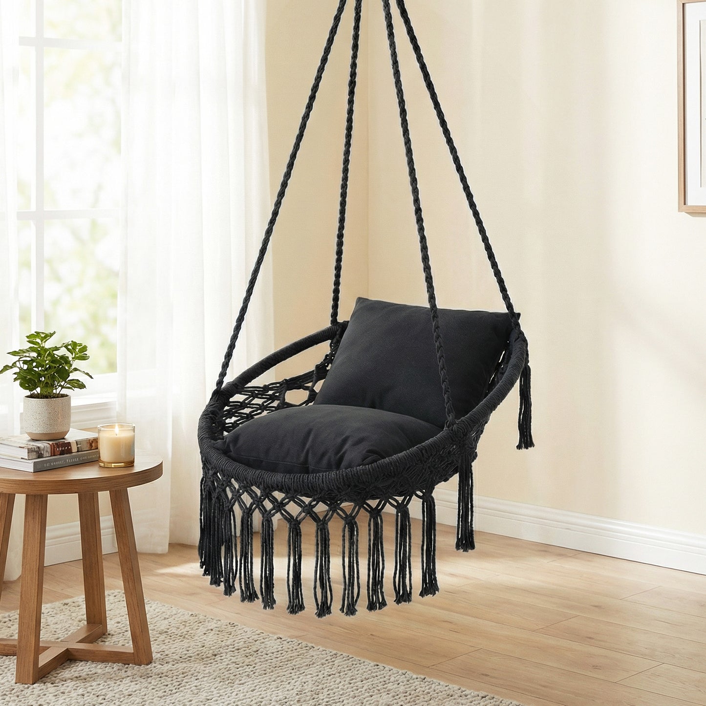 Macrame Swing Chair Hammock, 2 Removable Cushions, Black Porch Swings at Gallery Canada