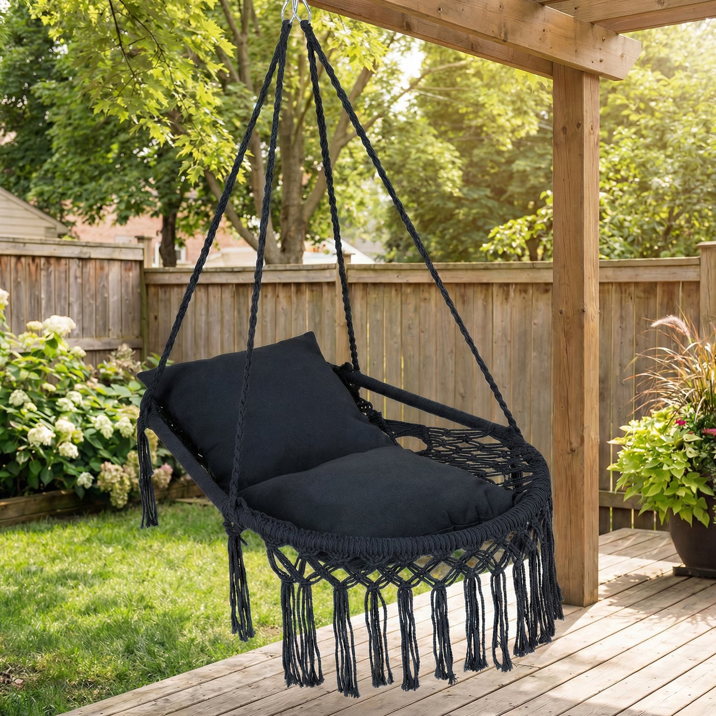 Macrame Swing Chair Hammock, 2 Removable Cushions, Black Porch Swings at Gallery Canada