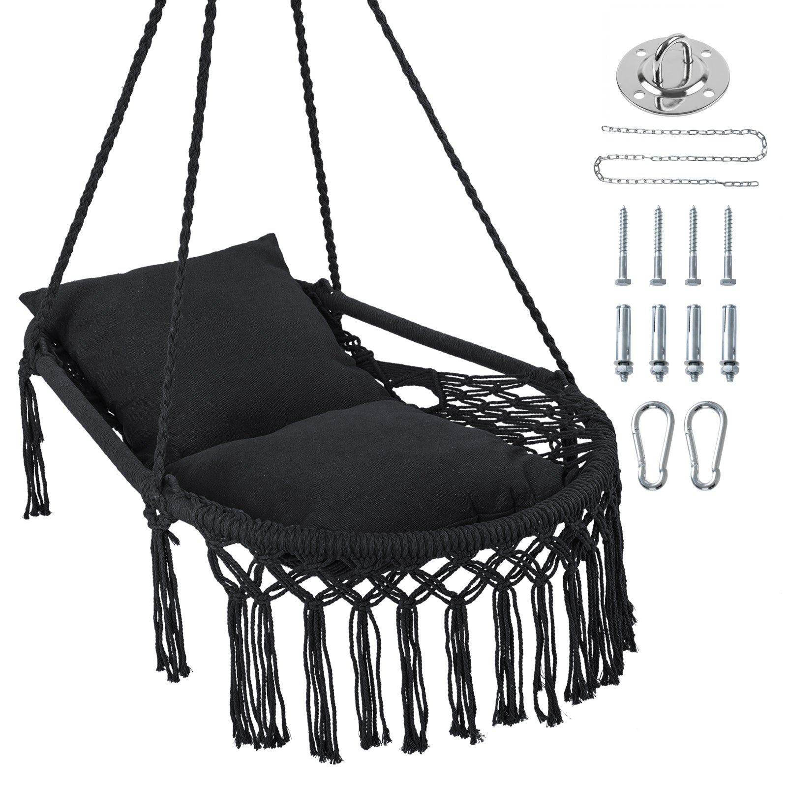 Macrame Swing Chair Hammock, 2 Removable Cushions, Black Porch Swings at Gallery Canada
