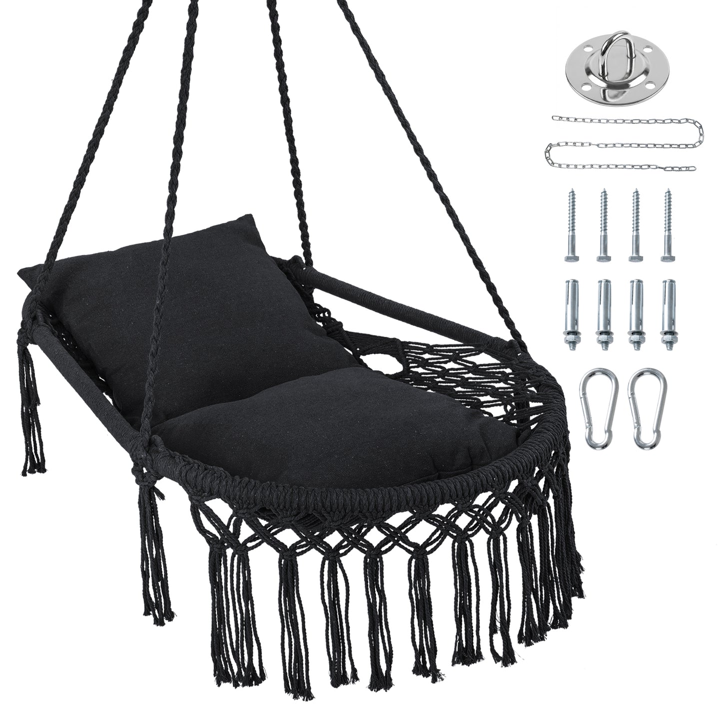 Macrame Swing Chair Hammock, 2 Removable Cushions, Black Porch Swings at Gallery Canada