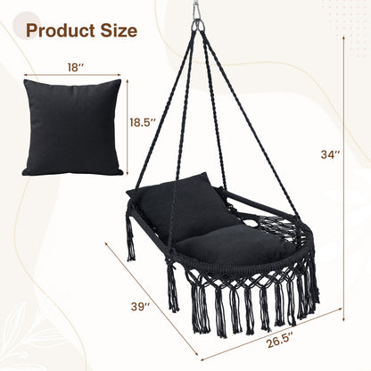 Macrame Swing Chair Hammock, 2 Removable Cushions, Black Porch Swings at Gallery Canada