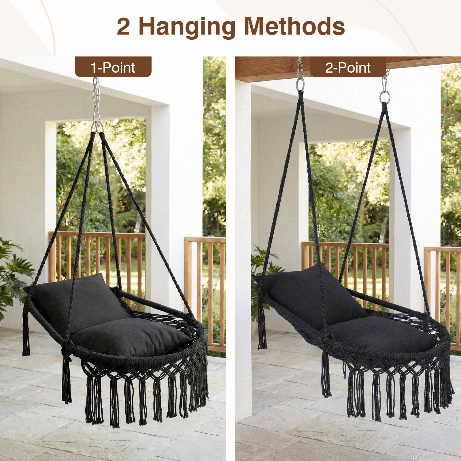 Macrame Swing Chair Hammock, 2 Removable Cushions, Black Porch Swings at Gallery Canada