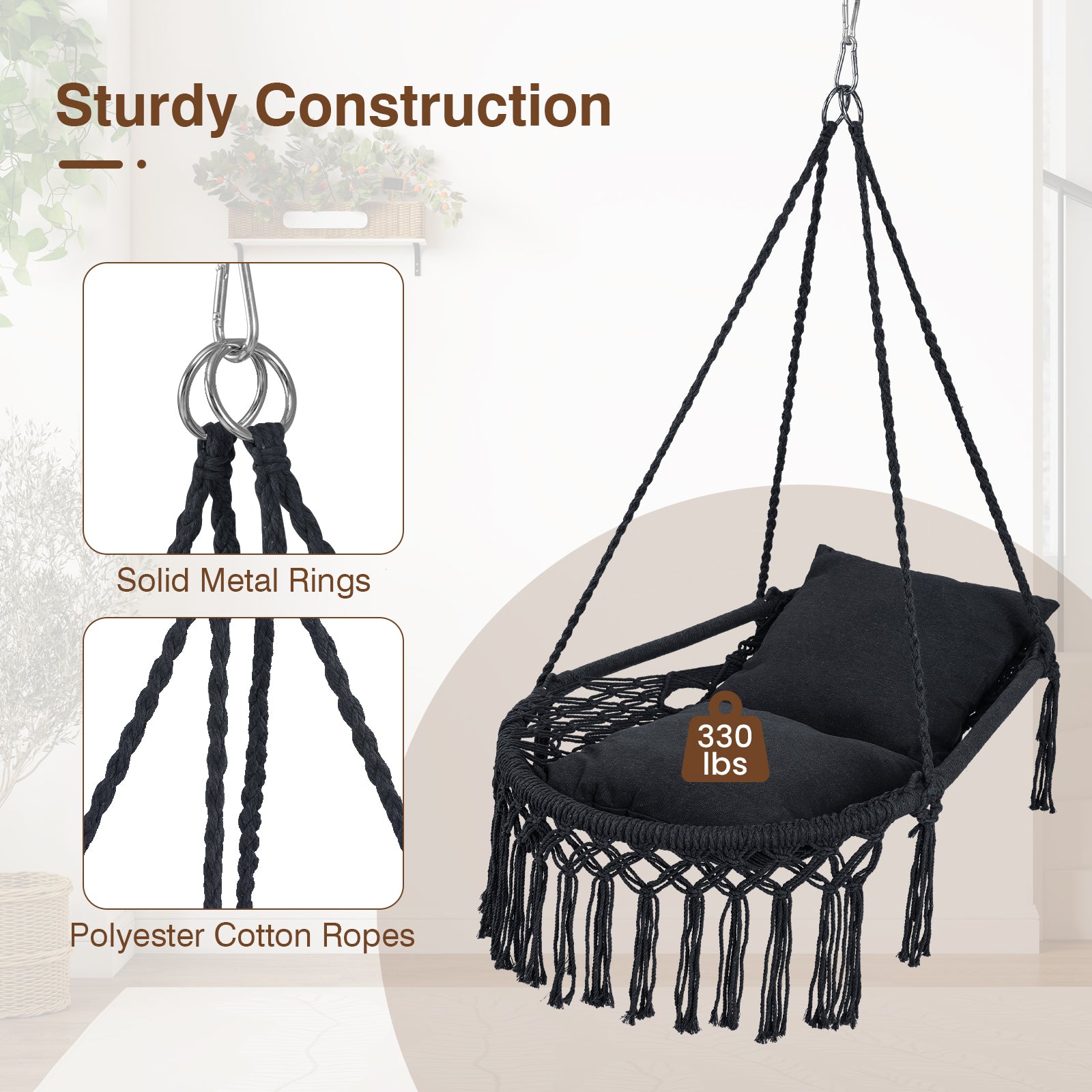 Macrame Swing Chair Hammock, 2 Removable Cushions, Black Porch Swings at Gallery Canada
