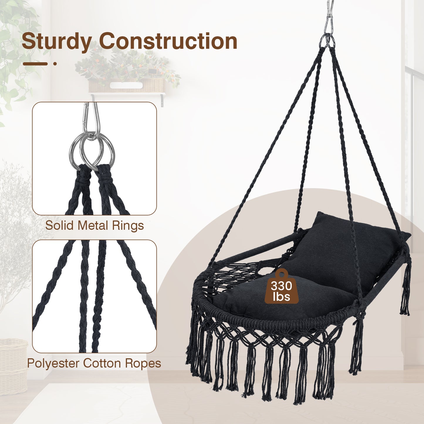 Macrame Swing Chair Hammock, 2 Removable Cushions, Black Porch Swings at Gallery Canada