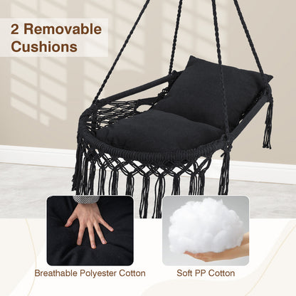 Macrame Swing Chair Hammock, 2 Removable Cushions, Black Porch Swings at Gallery Canada