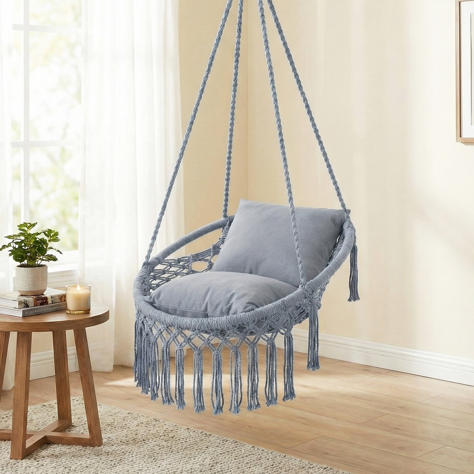 Macrame Swing Chair Hammock With 2 Removable Cushions, Gray Porch Swings at Gallery Canada