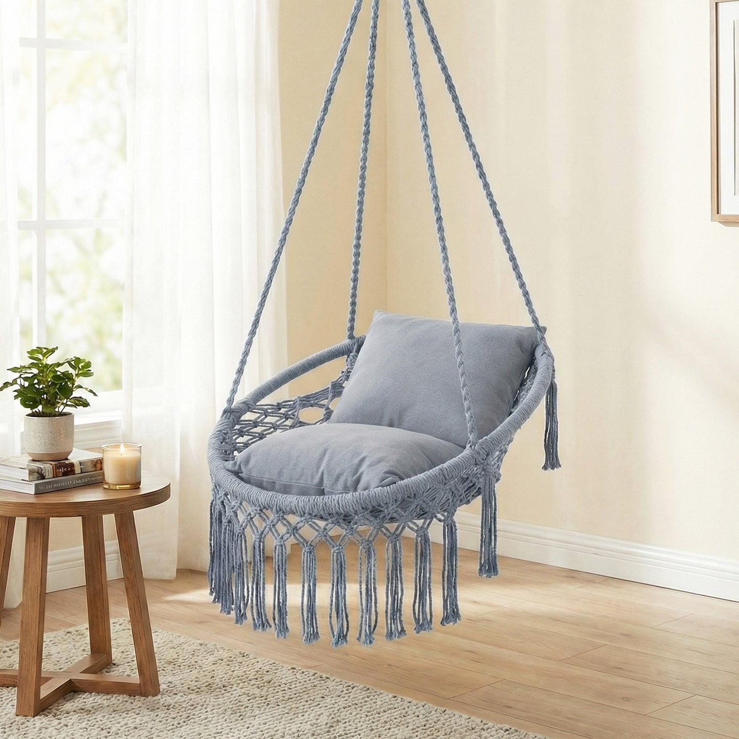 Macrame Swing Chair Hammock With 2 Removable Cushions, Gray Porch Swings at Gallery Canada