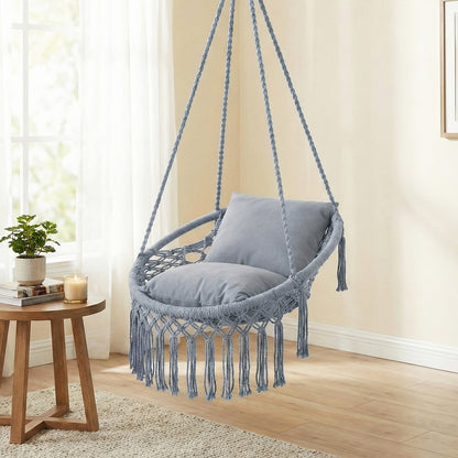 Macrame Swing Chair Hammock With 2 Removable Cushions, Gray Porch Swings at Gallery Canada