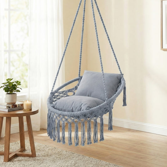 Macrame Swing Chair Hammock With 2 Removable Cushions, Gray Porch Swings Gray at Gallery Canada