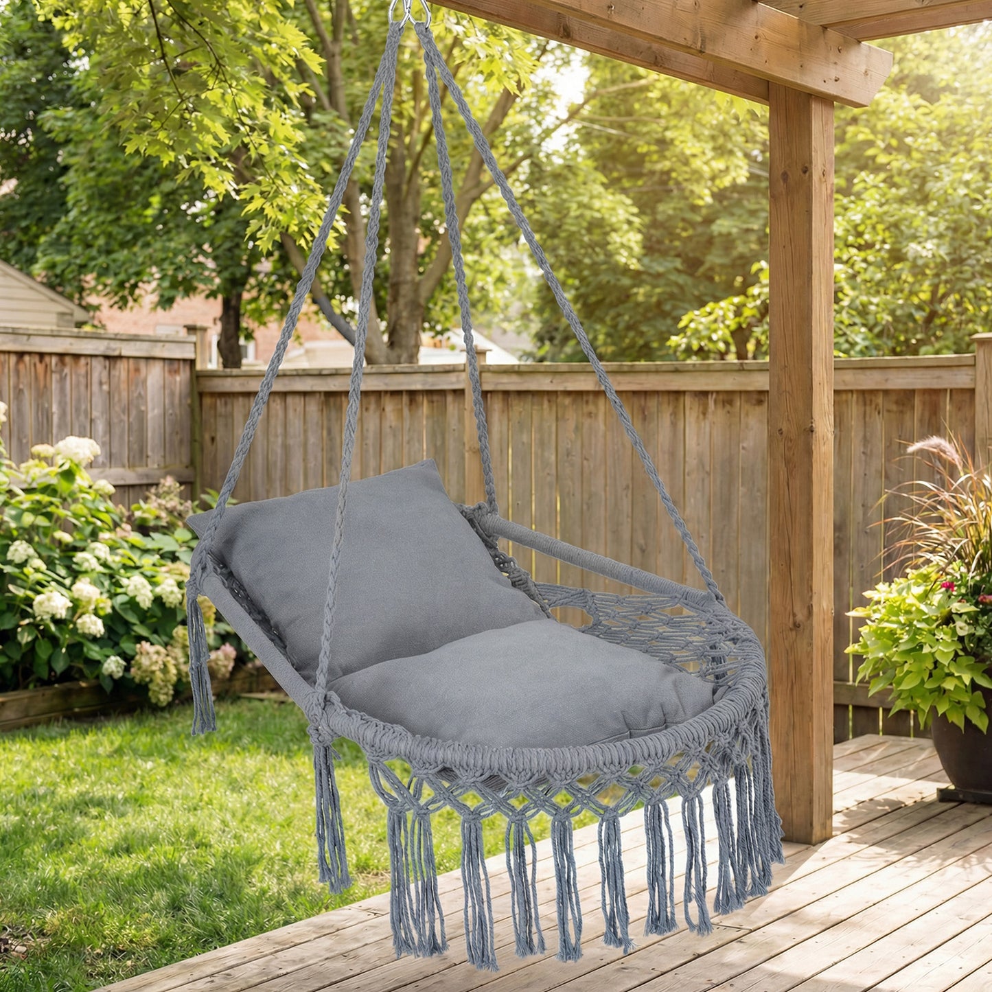 Macrame Swing Chair Hammock With 2 Removable Cushions, Gray Porch Swings at Gallery Canada