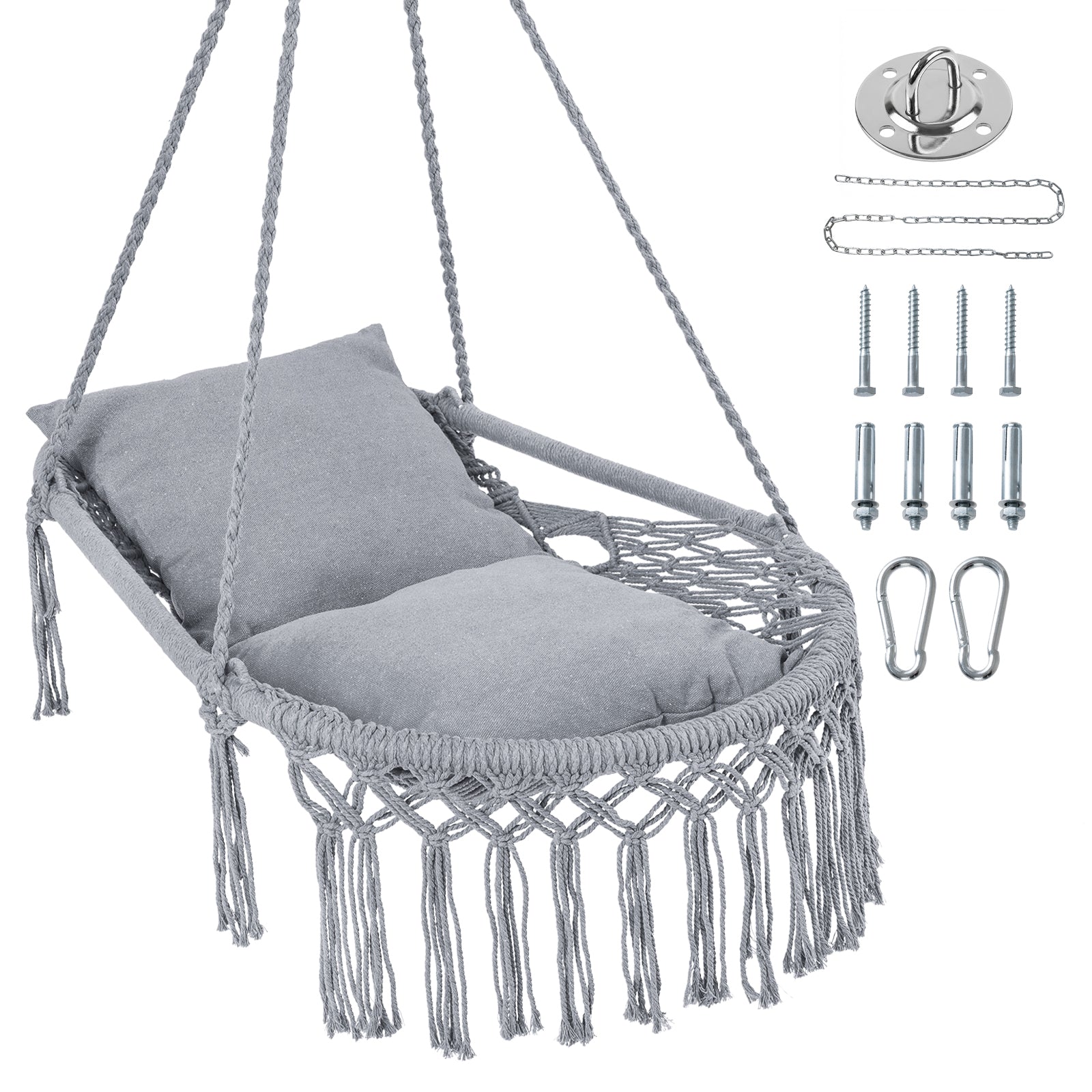 Macrame Swing Chair Hammock With 2 Removable Cushions, Gray Porch Swings Gray at Gallery Canada