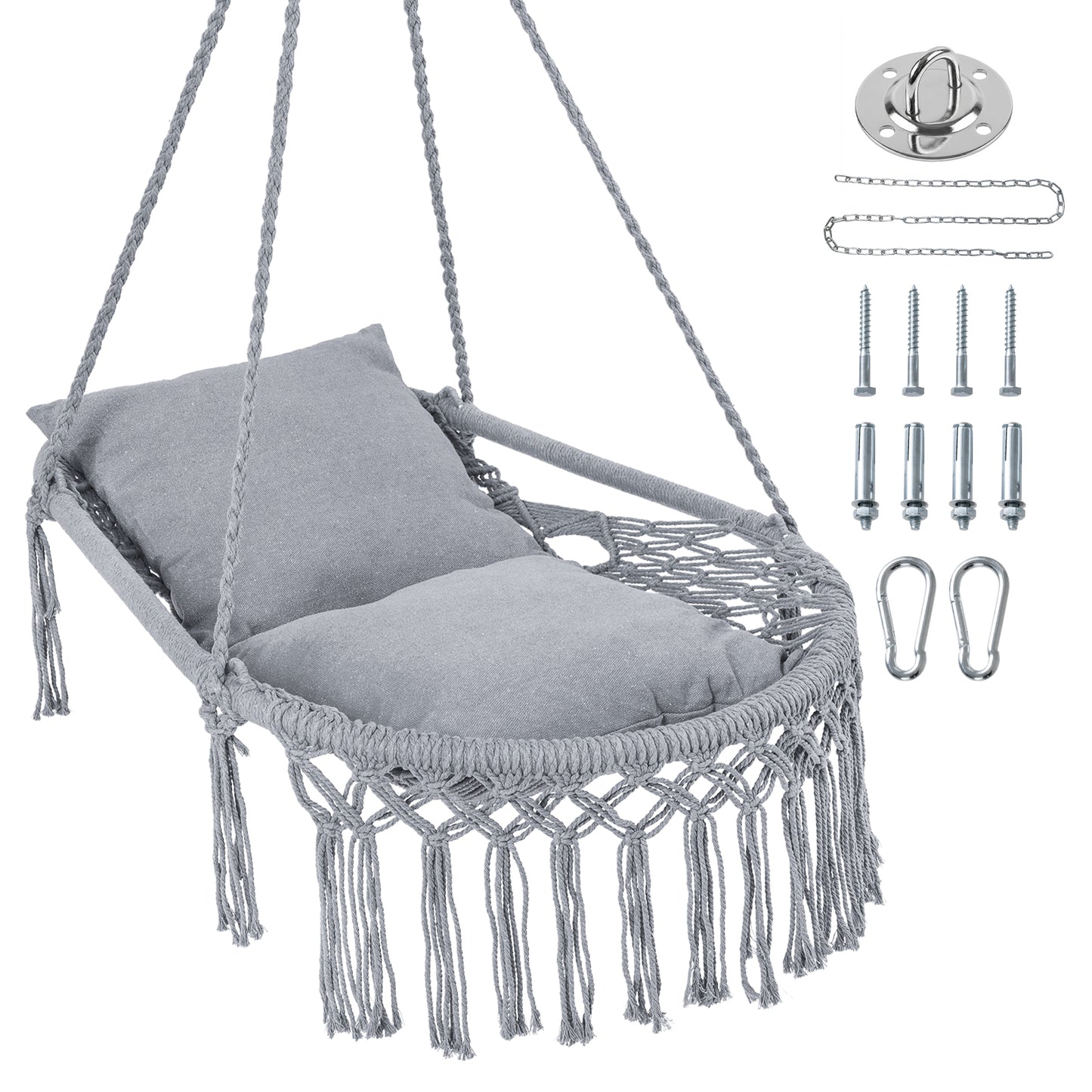 Macrame Swing Chair Hammock With 2 Removable Cushions, Gray Porch Swings Gray at Gallery Canada