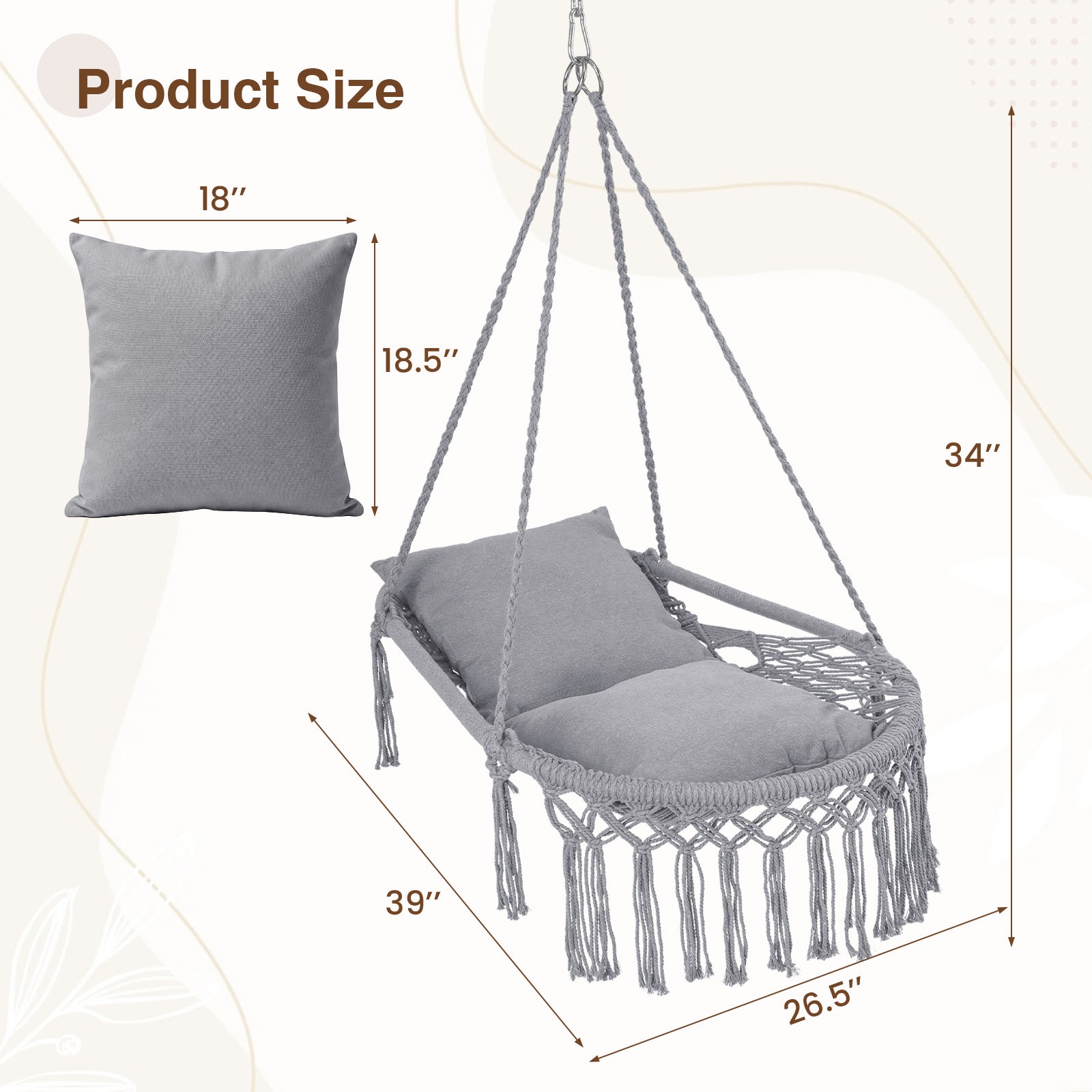 Macrame Swing Chair Hammock With 2 Removable Cushions, Gray Porch Swings at Gallery Canada