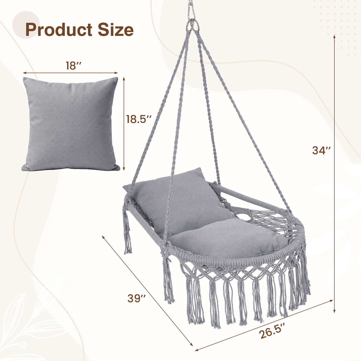 Macrame Swing Chair Hammock With 2 Removable Cushions, Gray Porch Swings at Gallery Canada