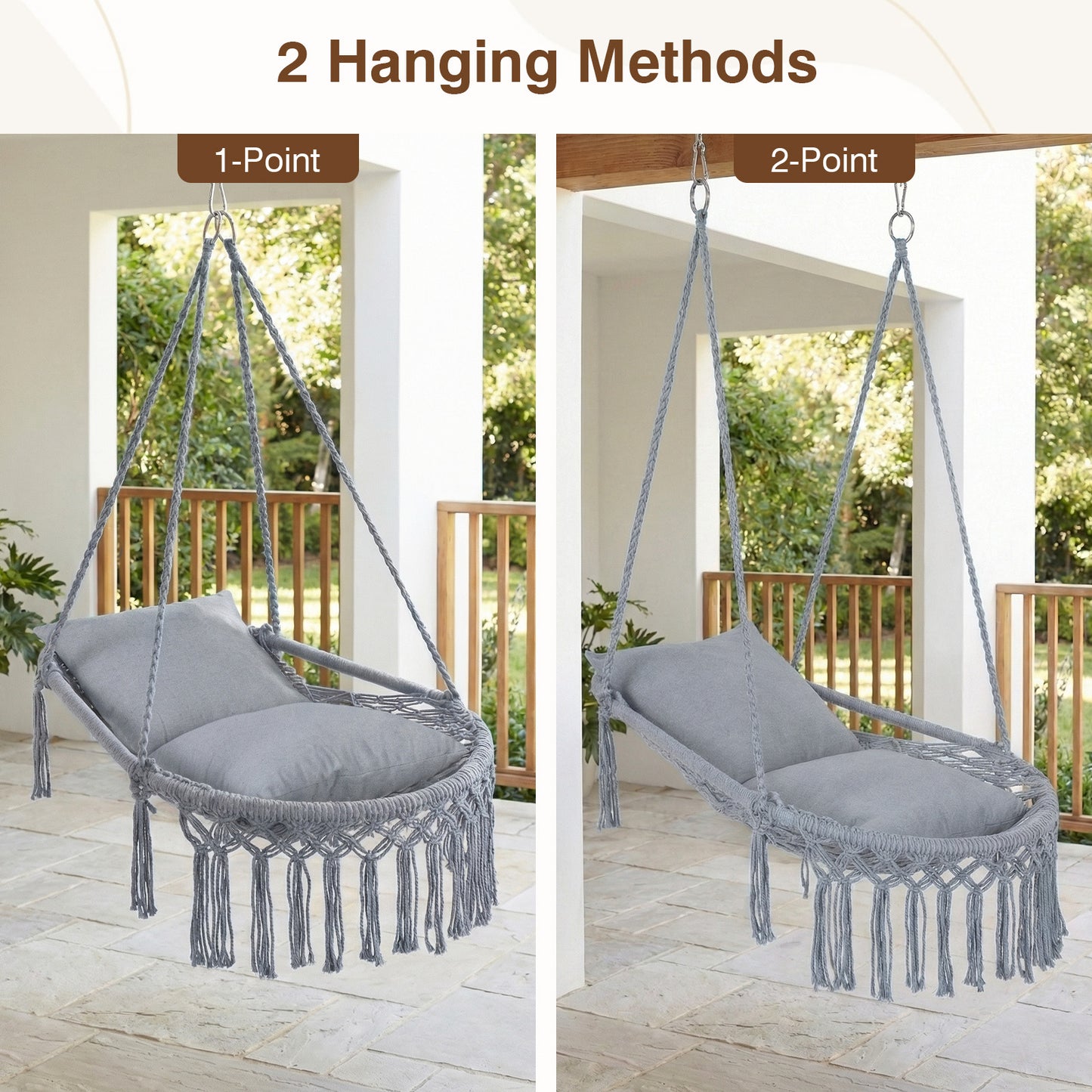 Macrame Swing Chair Hammock With 2 Removable Cushions, Gray Porch Swings at Gallery Canada
