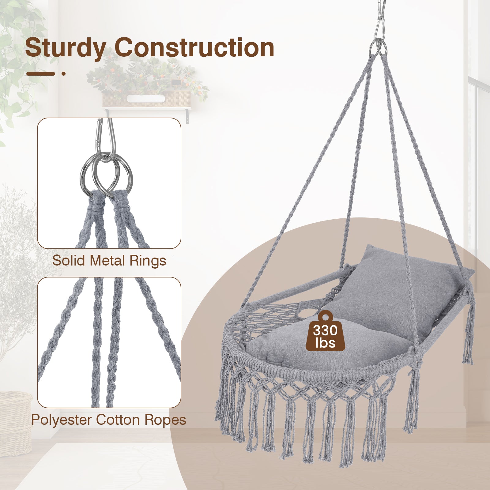 Macrame Swing Chair Hammock With 2 Removable Cushions, Gray Porch Swings at Gallery Canada