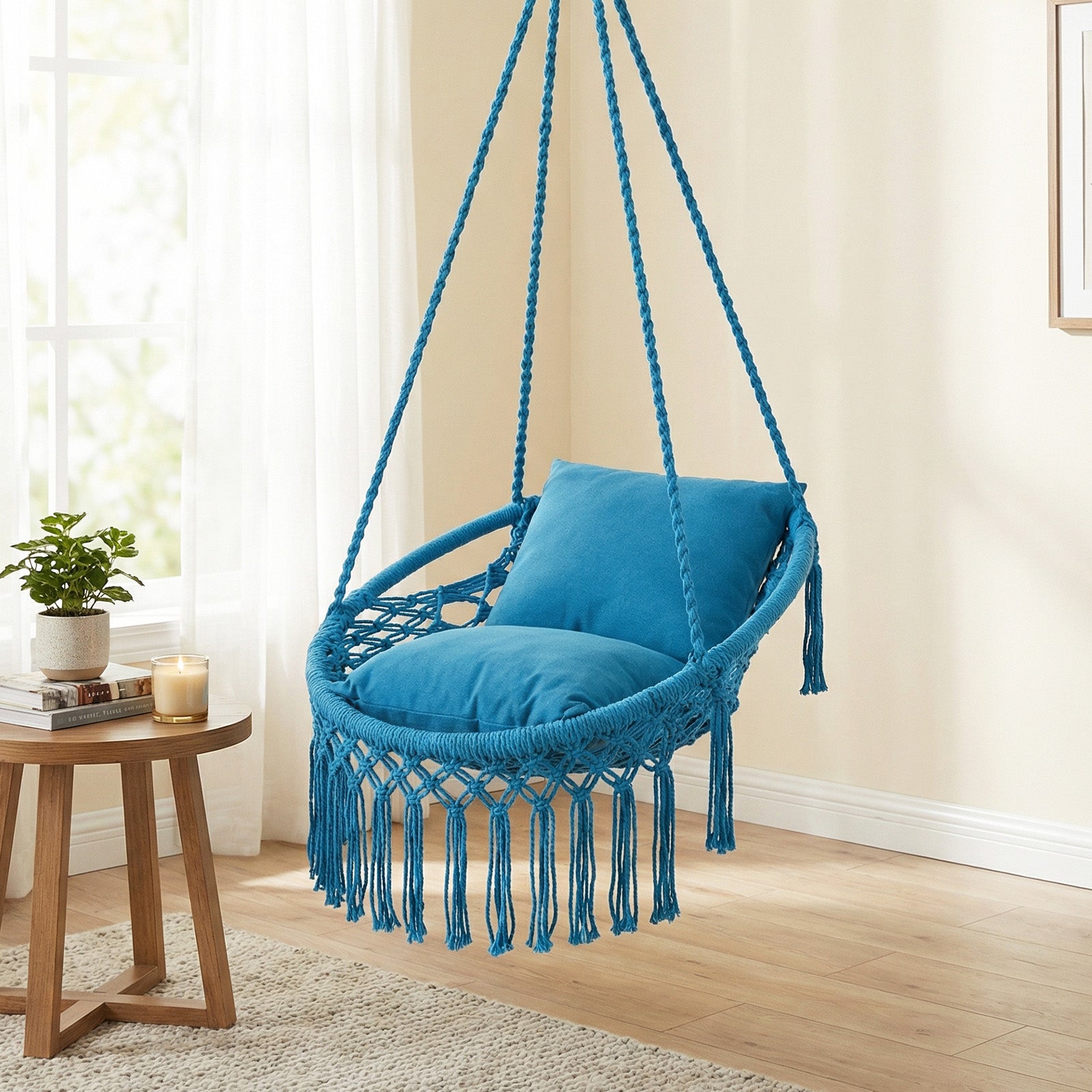 Macrame Swing Chair With 2 Removable Cushions, Navy Porch Swings at Gallery Canada
