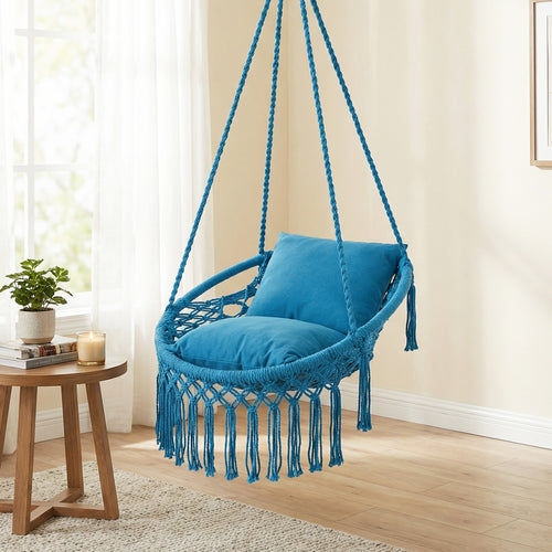 Macrame Swing Chair With 2 Removable Cushions, Navy