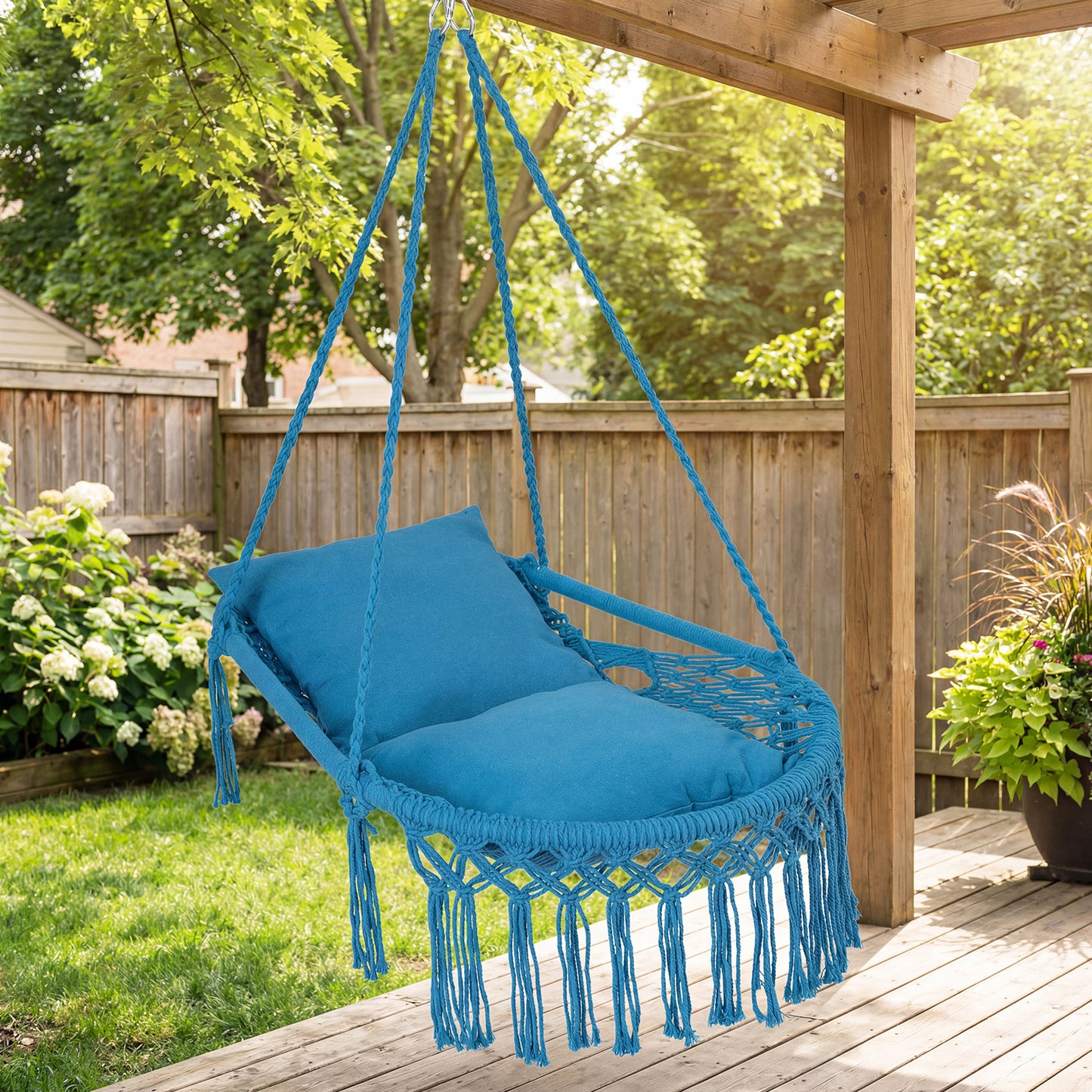 Macrame Swing Chair With 2 Removable Cushions, Navy Porch Swings at Gallery Canada