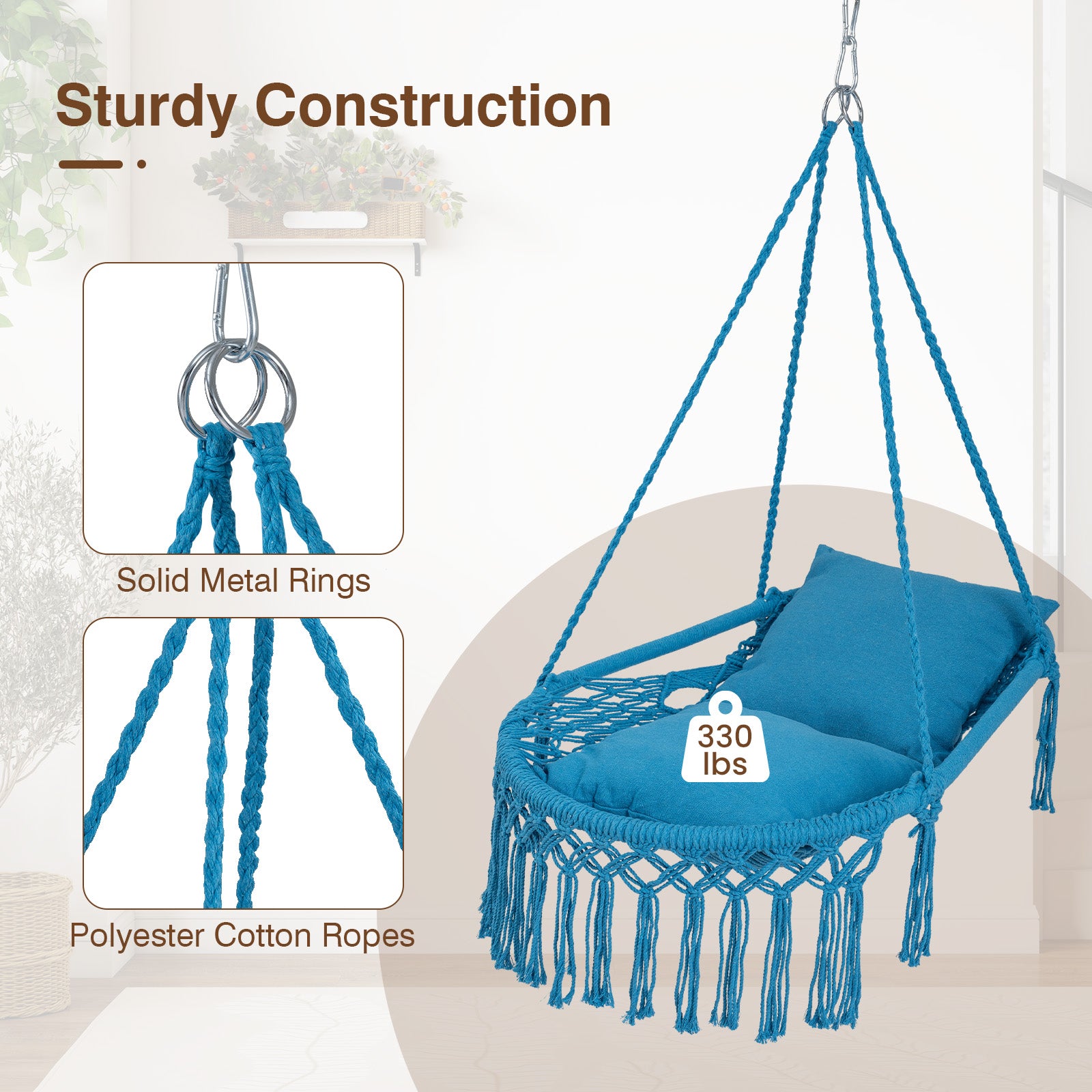 Macrame Swing Chair With 2 Removable Cushions, Navy Porch Swings at Gallery Canada