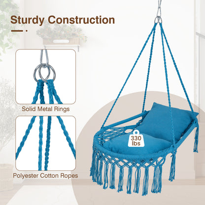 Macrame Swing Chair With 2 Removable Cushions, Navy Porch Swings at Gallery Canada