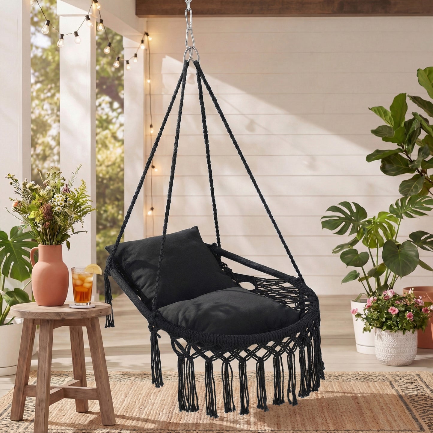 Macrame Swing Chair Hammock, 2 Removable Cushions, Black Porch Swings at Gallery Canada