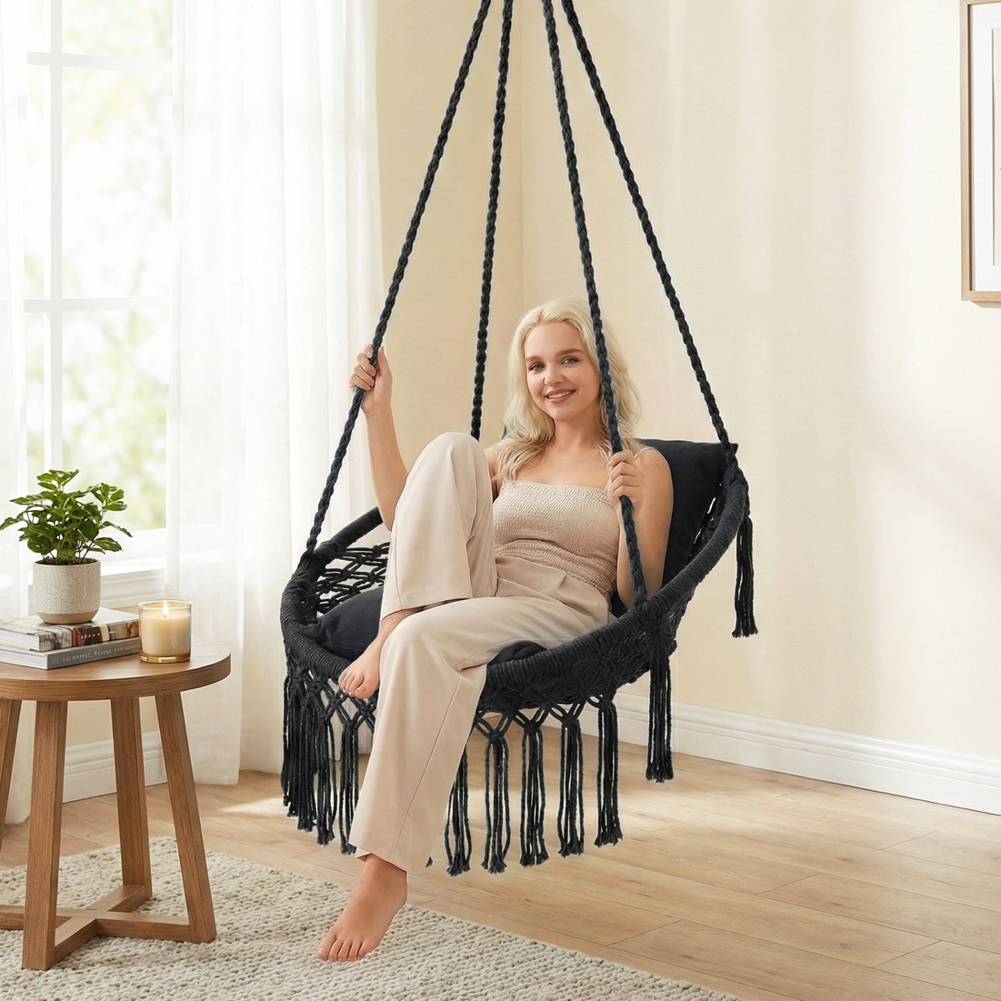 Macrame Swing Chair Hammock, 2 Removable Cushions, Black Porch Swings at Gallery Canada