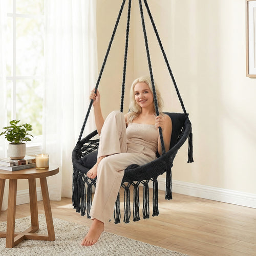 Macrame Swing Chair Hammock, 2 Removable Cushions, Black