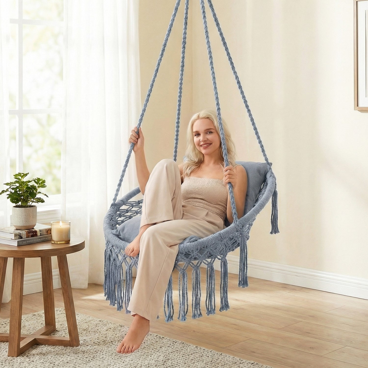 Macrame Swing Chair Hammock With 2 Removable Cushions, Gray Porch Swings at Gallery Canada
