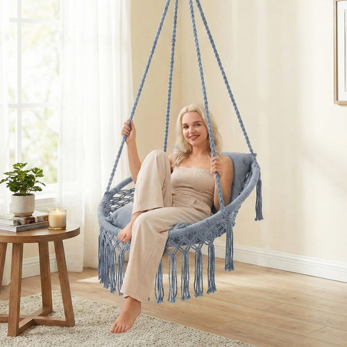 Macrame Swing Chair Hammock With 2 Removable Cushions, Gray