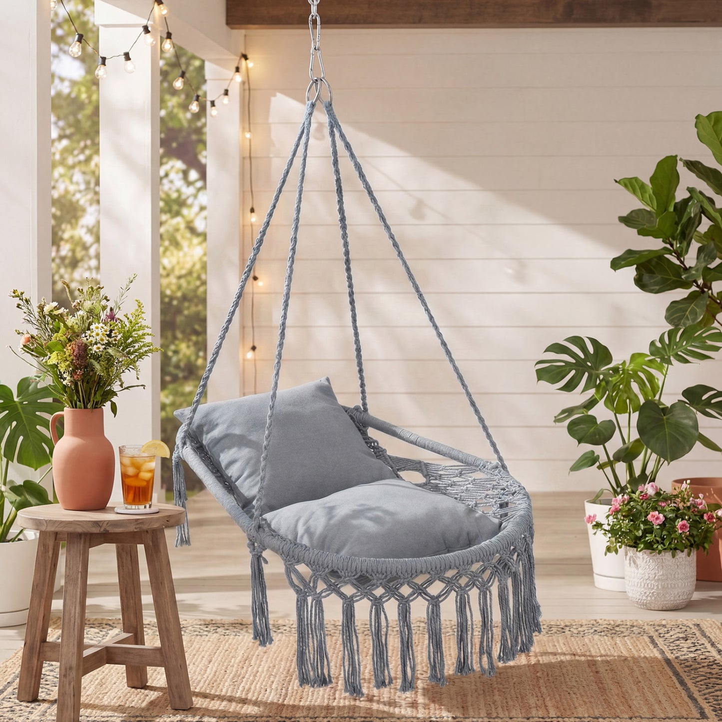 Macrame Swing Chair Hammock With 2 Removable Cushions, Gray Porch Swings at Gallery Canada
