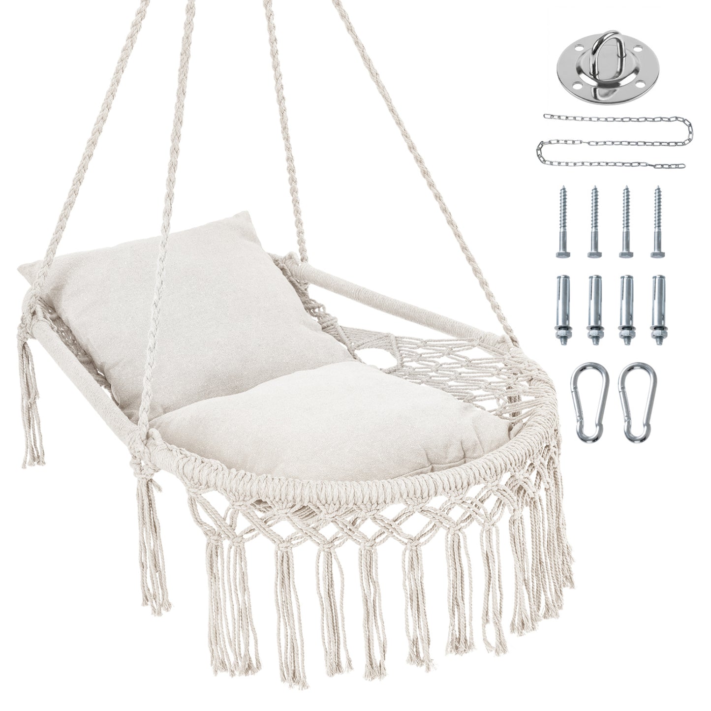 Macrame Swing Chair With 2 Removable Cushions, Beige Porch Swings Beige at Gallery Canada