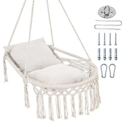 Macrame Swing Chair With 2 Removable Cushions, Beige Porch Swings Beige at Gallery Canada