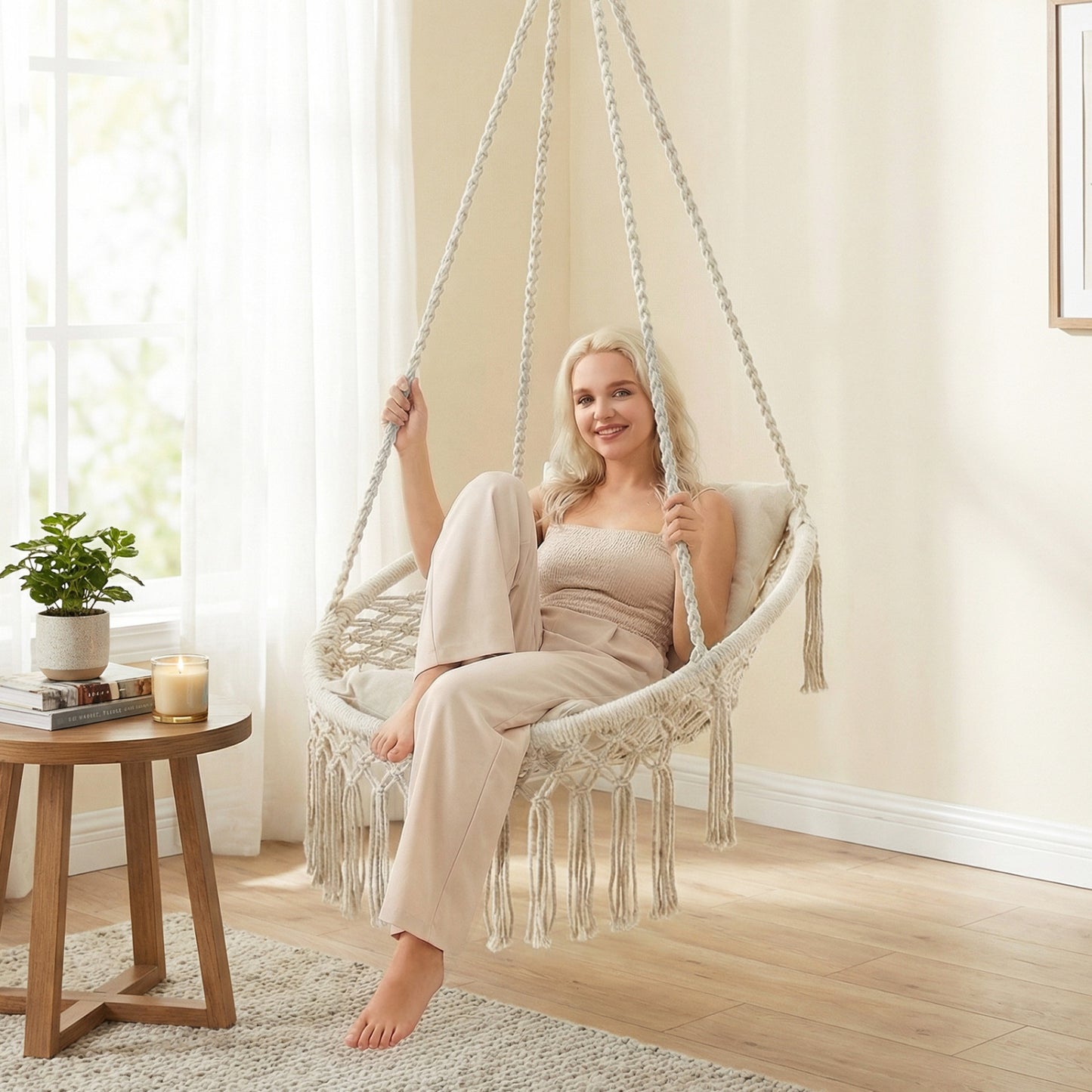 Macrame Swing Chair With 2 Removable Cushions, Beige Porch Swings at Gallery Canada
