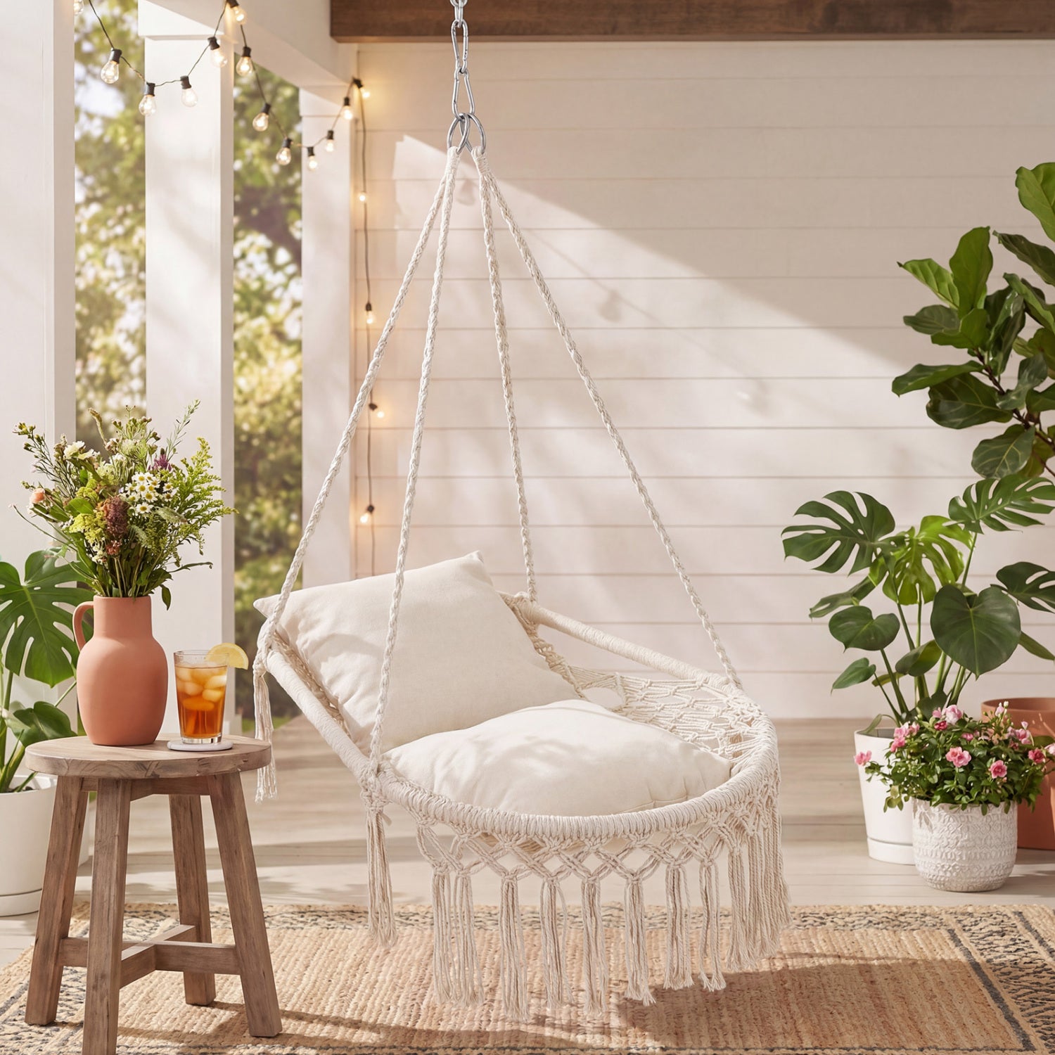 Macrame Swing Chair With 2 Removable Cushions, Beige Porch Swings at Gallery Canada