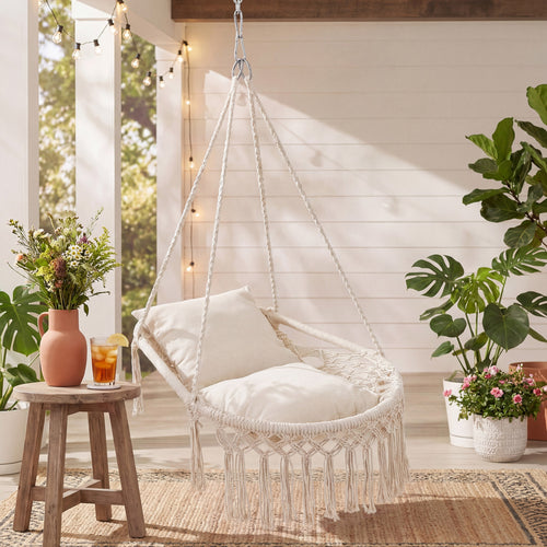 Macrame Swing Chair With 2 Removable Cushions, Beige