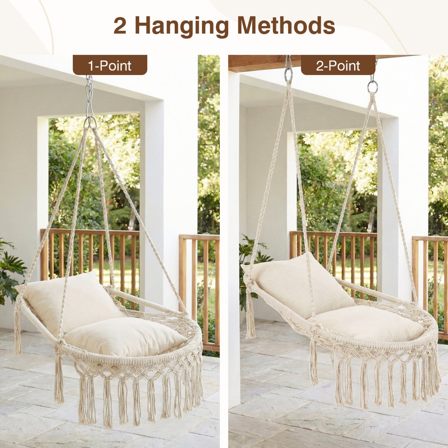 Macrame Swing Chair With 2 Removable Cushions, Beige Porch Swings at Gallery Canada