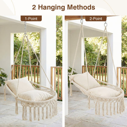 Macrame Swing Chair With 2 Removable Cushions, Beige Porch Swings at Gallery Canada