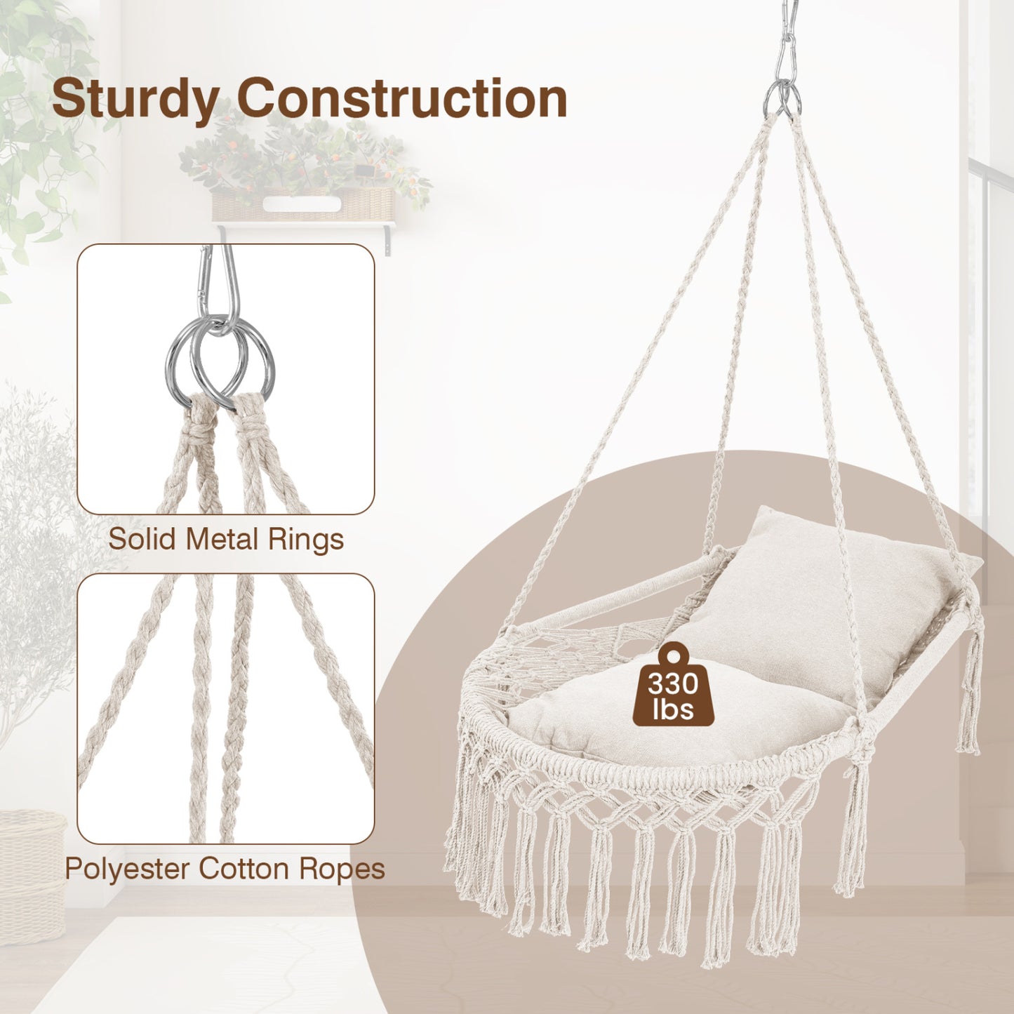 Macrame Swing Chair With 2 Removable Cushions, Beige Porch Swings at Gallery Canada