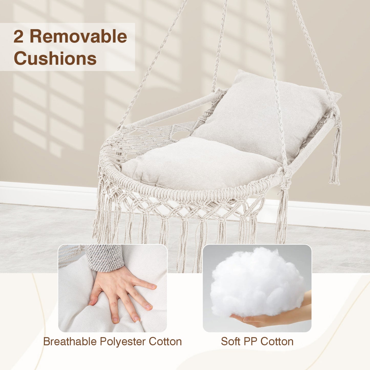 Macrame Swing Chair With 2 Removable Cushions, Beige Porch Swings at Gallery Canada