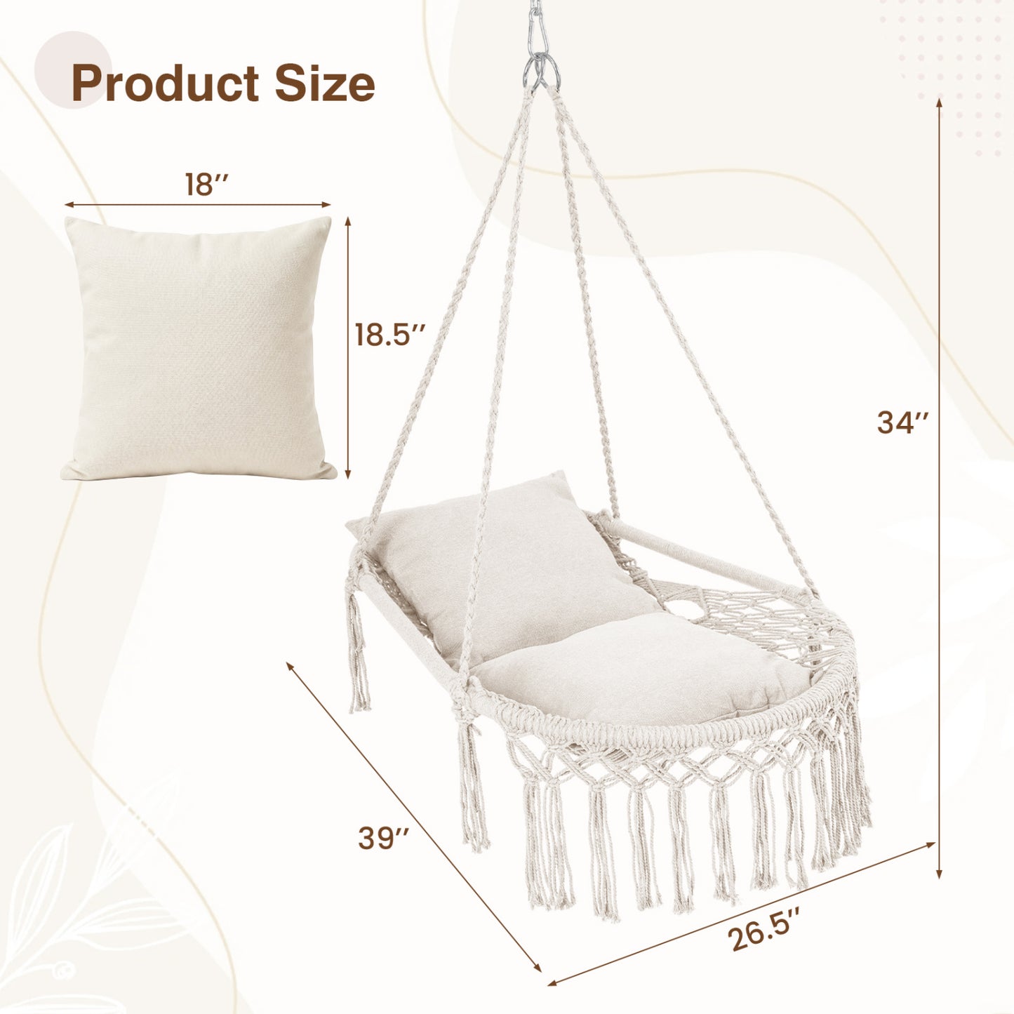 Macrame Swing Chair With 2 Removable Cushions, Beige Porch Swings at Gallery Canada